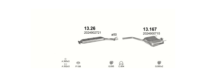 Schéma výfukového systému MERCEDES C200 - T202 2.0 D