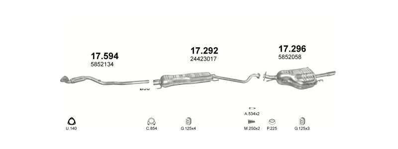 Schéma výfukového systému OPEL ASTRA G 1.6