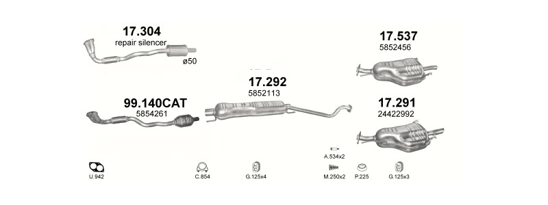 Schéma výfukového systému OPEL ASTRA G 1.6