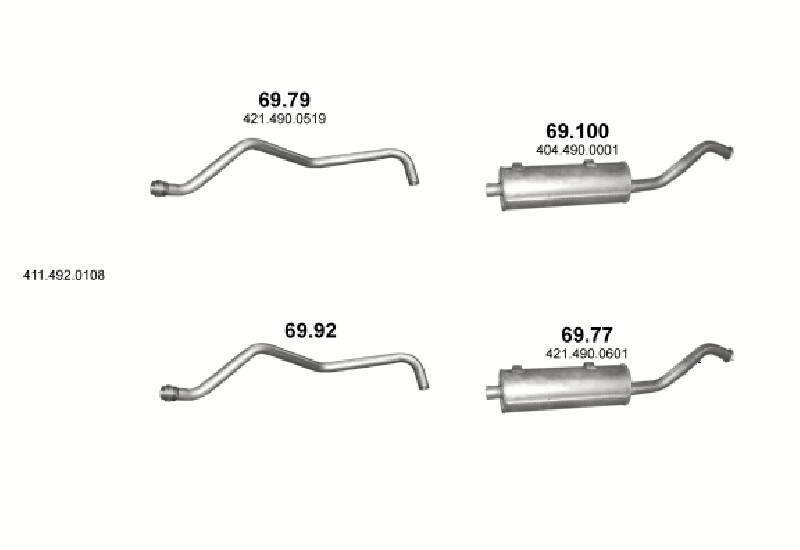 Schéma výfukového systému MERCEDES UNIMOG U40/U40T/U45/U52/U55T/U60/U60T/U600/U600T