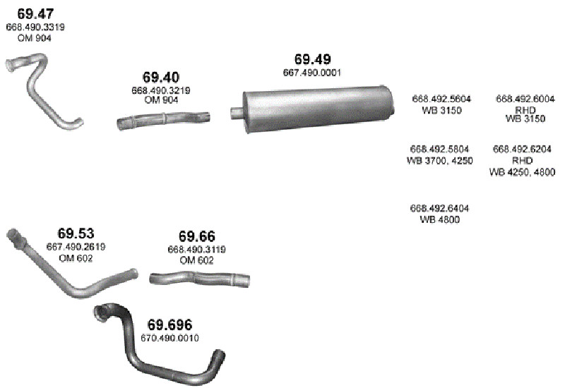 Schéma výfukového systému MERCEDES VARIO 515 D/ 612 D/ 614 D/ 810 D/ 812 D/ 814 D/ 815 D/  814 DA/ 81