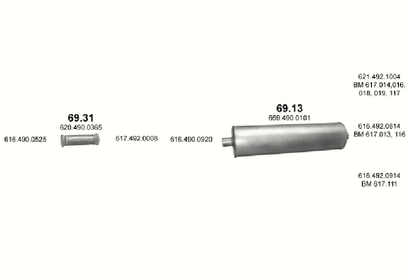 Schéma výfukového systému MERCEDES 10-16 T 1617C/1617 CS/1617 CK/1620 K/1820 K