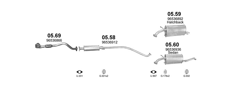 Schéma výfukového systému CHEVROLET KALOS 1.2