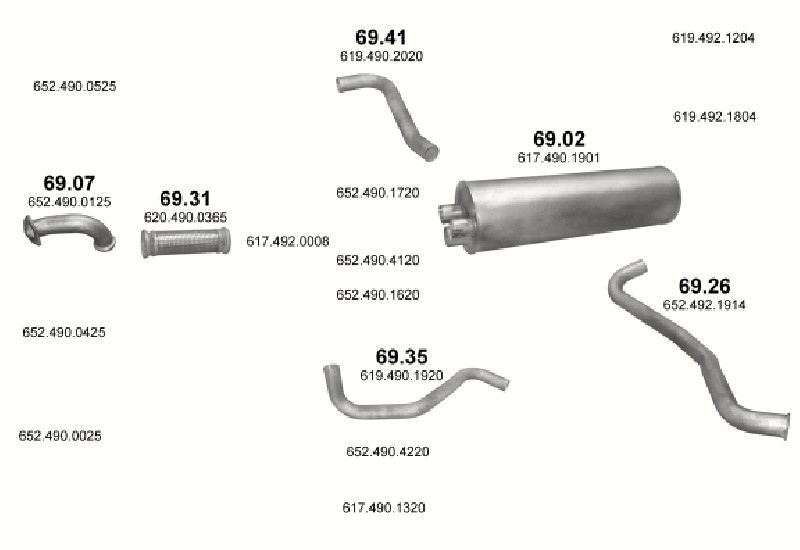 Schéma výfukového systému MERCEDES 19-33 T 2422/2422 L/2426/2426 L/2427 L/2429/2524/2524 L/2527 L