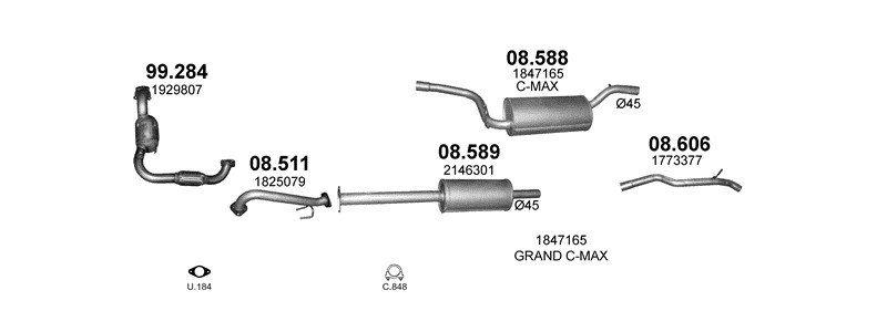 Schéma výfukového systému FORD C-MAX 1.0
