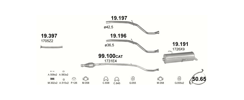 Schéma výfukového systému PEUGEOT 206 1.4 – 1.4i – sestava 2