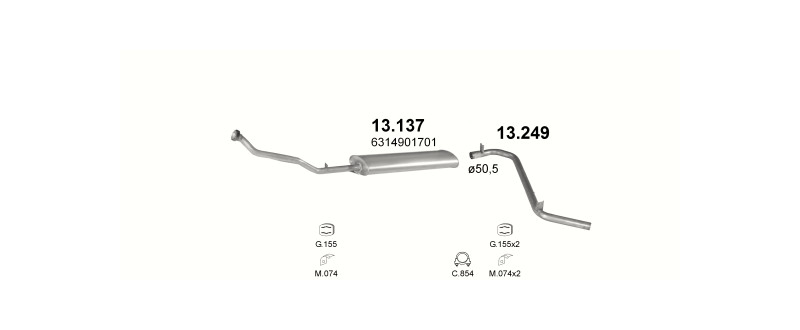Schéma výfukového systému MERCEDES MB100 2.4 D – SWB 2450mm
