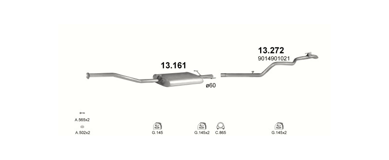 Schéma výfukového systému MERCEDES SPRINTER 2.9 D – 212D 2.9 TD XLWB 4025mm