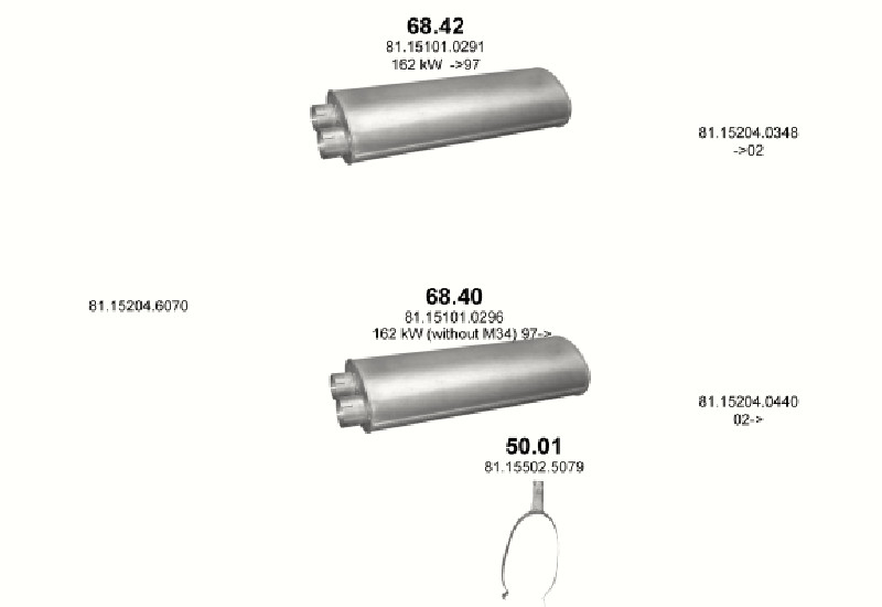Schéma výfukového systému MAN M2000M 6.9 – D0826 LF M31/M32/M33/M34/M38/M39/M40/M41/M42/M43/M44 – sestava 1