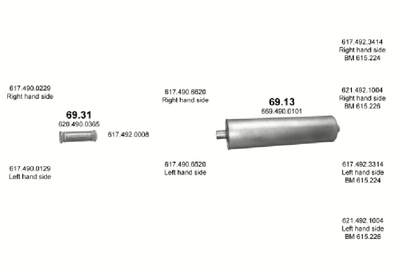 Schéma výfukového systému MERCEDES 10-16 T 1222 A/1222 AS – 1222 A - WB 3600, 4200 / 1222 AS - WB 3600 – sestava 2