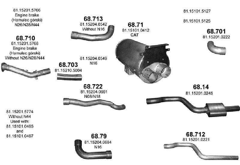 Schéma výfukového systému MAN TGM 6.9 – D0836 LFL ; N08/N16/N18/N26/N28/N44/N46/N48