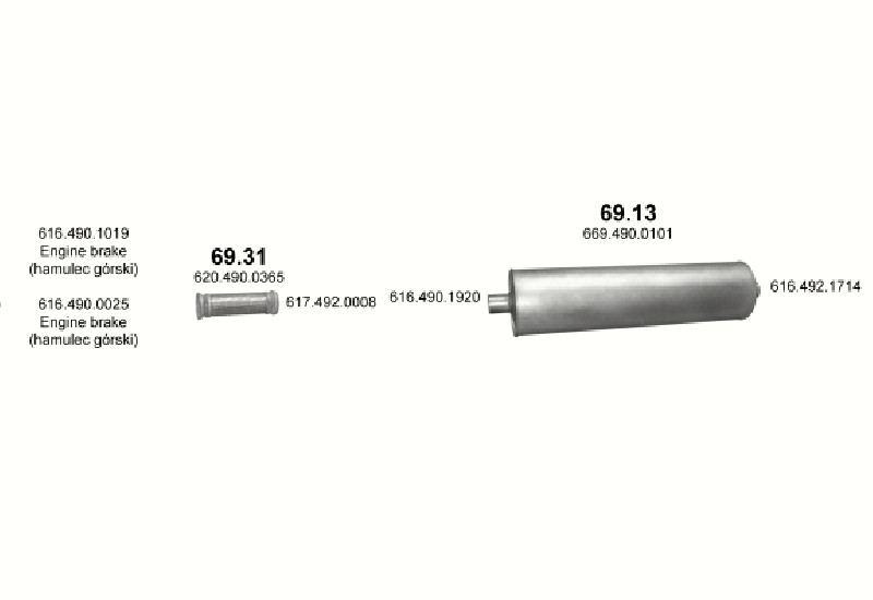 Schéma výfukového systému MERCEDES 10-16 T 1614/1414 K/1614 K – 1614 - WB 3900 ; 1414 K - WB 3200 ; 1614 K - WB 3600, 3900 – sestava 2