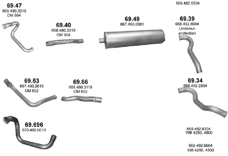 Schéma výfukového systému MERCEDES VARIO 612 D/614 D/812 D/814 D – WB 3150, 3700, 4250, 4800 - OM 602 DE LA / OM 904 LA – sestava 1