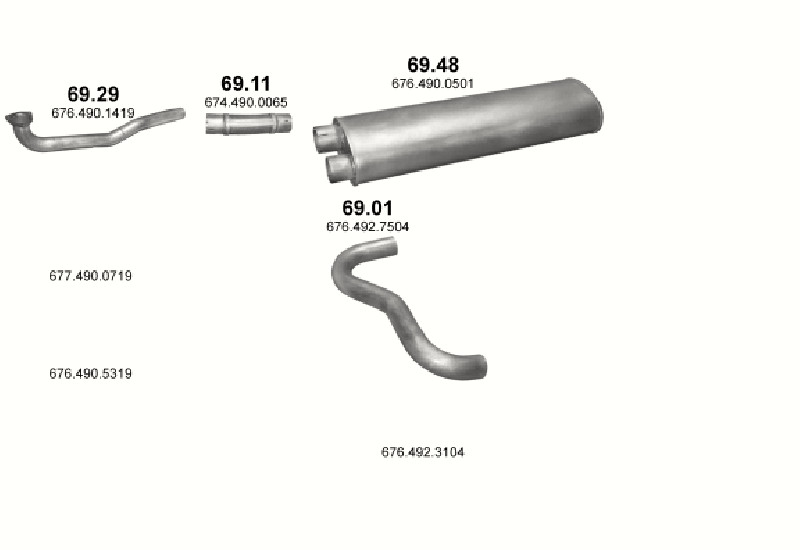 Schéma výfukového systému MERCEDES 10-16 T 1120/1120 S/1317/1320/1320 S/1520/1720 – 1120 - WB 3700, 4250, 4900, 5550 ; 1317 - WB 4190 ; 1320/1520 - WB 3640, 4190, 4840, 5490 ; 1720 - WB 3640 ; 1120 S - WB