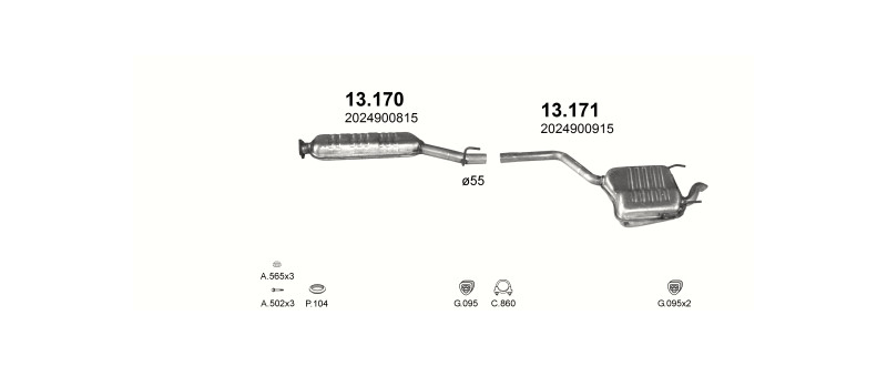 Schéma výfukového systému MERCEDES C250 - W202 2.5 D – W202 C250 – sestava 1
