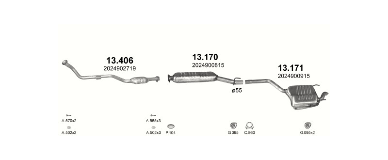 Schéma výfukového systému MERCEDES C250 - W202 2.5 D – W202 C250 – sestava 2
