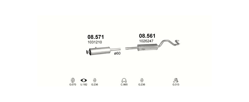 Schéma výfukového systému FORD TRANSIT 2.5 D – 2.5 TD D25TP SWB 2853mm