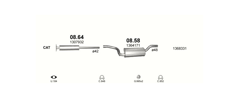Schéma výfukového systému FORD FOCUS II 1.4 – 1.4i 16V – sestava 1