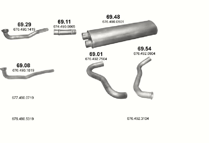 Schéma výfukového systému MERCEDES 10-16 T 1117/1317 L-LS/1517 L – 1117 - WB 3600, 4190 ; 1317 L/1517 L - WB 3640, 4190, 4840, 5490 ; 1317 LS - WB 3090, 3640
