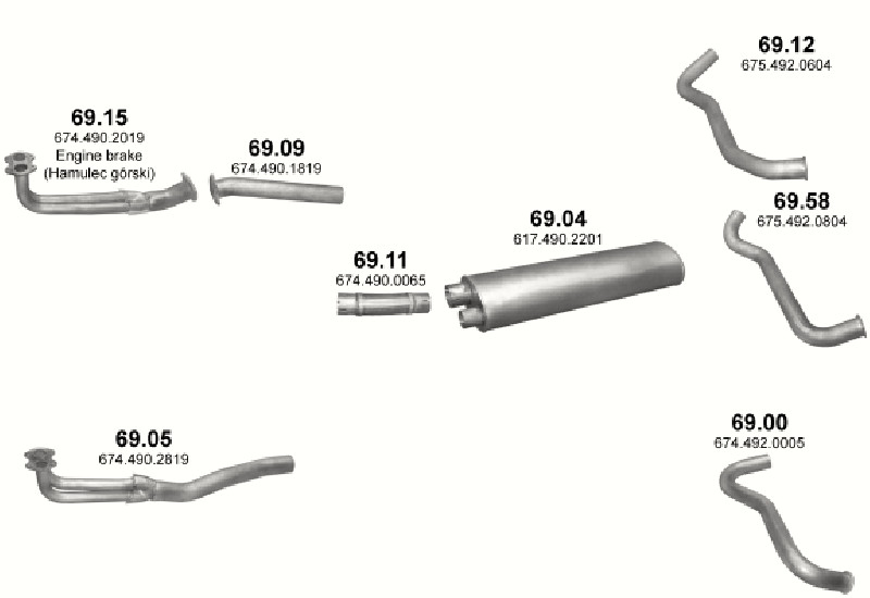 Schéma výfukového systému MERCEDES 10-16 T 1114 – WB 4190 – sestava 1