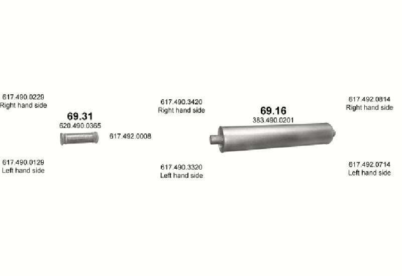 Schéma výfukového systému MERCEDES 10-16 T 1222 A/1222 AS – 1222 A - WB 3600, 4200 / 1222 AS - WB 3600 – sestava 3