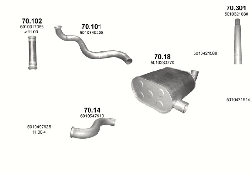 Schéma výfukového systému RENAULT PREMIUM 11.1 – 4X2 ; 6X2 ; 6X2/4 – sestava 4