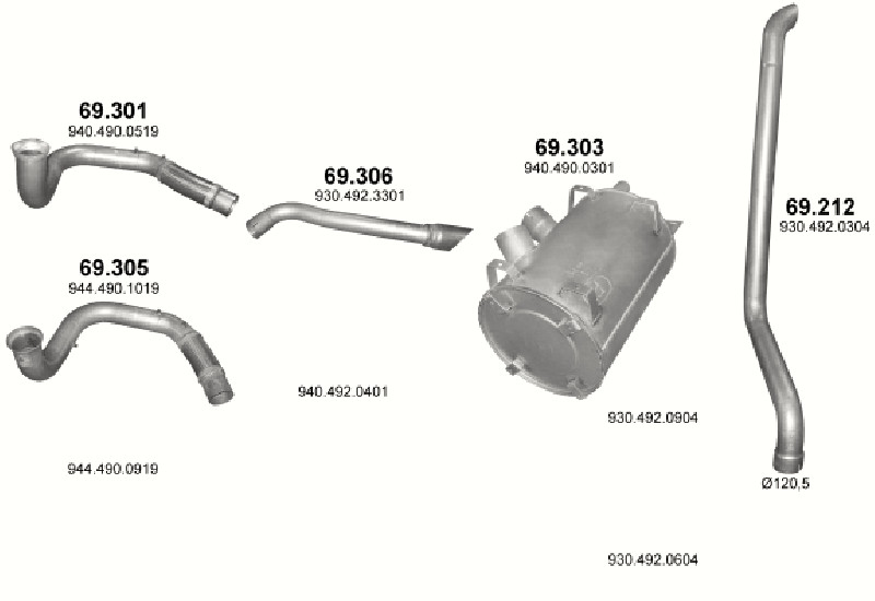Schéma výfukového systému MERCEDES AXOR 7.2 – 4X2 ; 6X2/2/4 – sestava 1