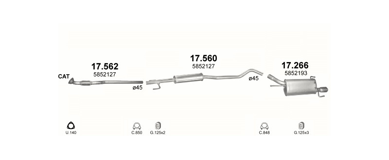 Schéma výfukového systému OPEL CORSA C 1.2 – 1.2i 16V – sestava 1