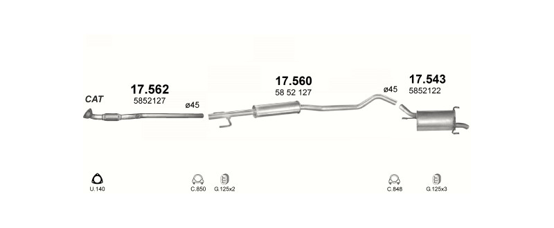 Schéma výfukového systému OPEL CORSA C 1.2 – 1.2i 16V – sestava 2