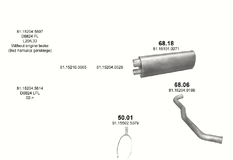 Schéma výfukového systému MAN L2000 4.6 – D0824 LFL L20/L24/L33/L35 – sestava 1