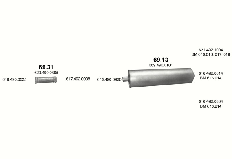 Schéma výfukového systému MERCEDES 10-16 T 1417 C/1417 CA/1417 CS – 1417 C - WB 3600, 4200, 4800, 5200 ; 1417 CA - WB 3600 ; 1417 CS - WB 3600