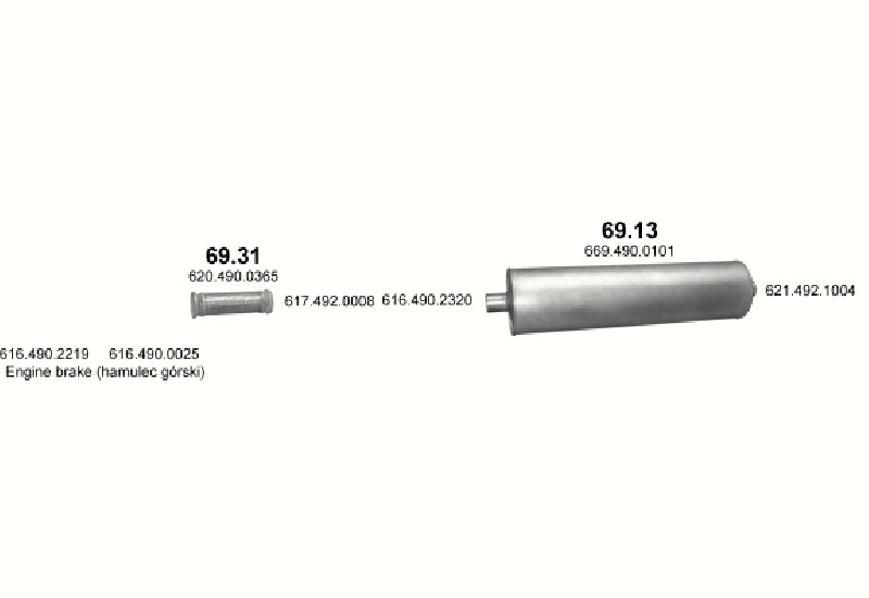 Schéma výfukového systému MERCEDES 10-16 T 1614/1614 L – 1614 - WB 4500, 5200 ; 1614 L - WB 5900