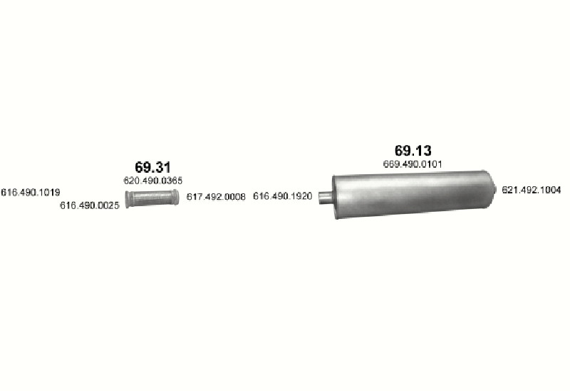 Schéma výfukového systému MERCEDES 10-16 T 1614/1614 L – 1614 - WB 4500, 5200, 5900 ; 1614 L - WB 5900 – sestava 2