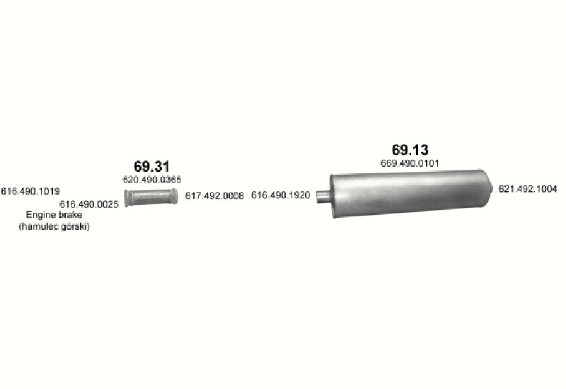 Schéma výfukového systému MERCEDES 10-16 T 1614/1614 L – 1614 - WB 4500, 5200 ; 1614/1614 L - WB 5900 – sestava 3