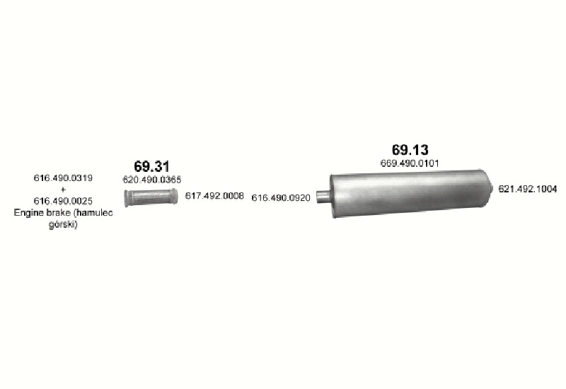 Schéma výfukového systému MERCEDES 10-16 T 1614/1614 L – 1614 - WB 4500, 5200 ; 1614/1614 L - WB 5900 – sestava 4