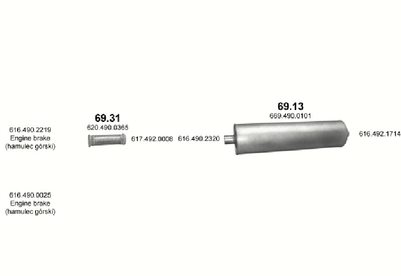 Schéma výfukového systému MERCEDES 10-16 T 1614/1414 K/1614 K – 1614 - WB 3900 ; 1414 K - WB 3200 ; 1614 K - WB 3600, 3900 – sestava 1