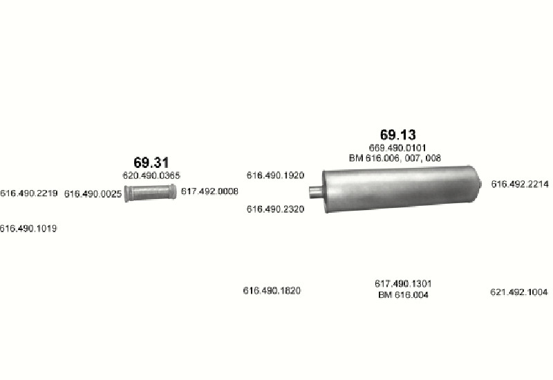 Schéma výfukového systému MERCEDES 10-16 T 1414/1418 – 1414 - WB 3600, 4200, 4600, 4800 ; 1418 - WB 3600, 4200, 4600, 4800