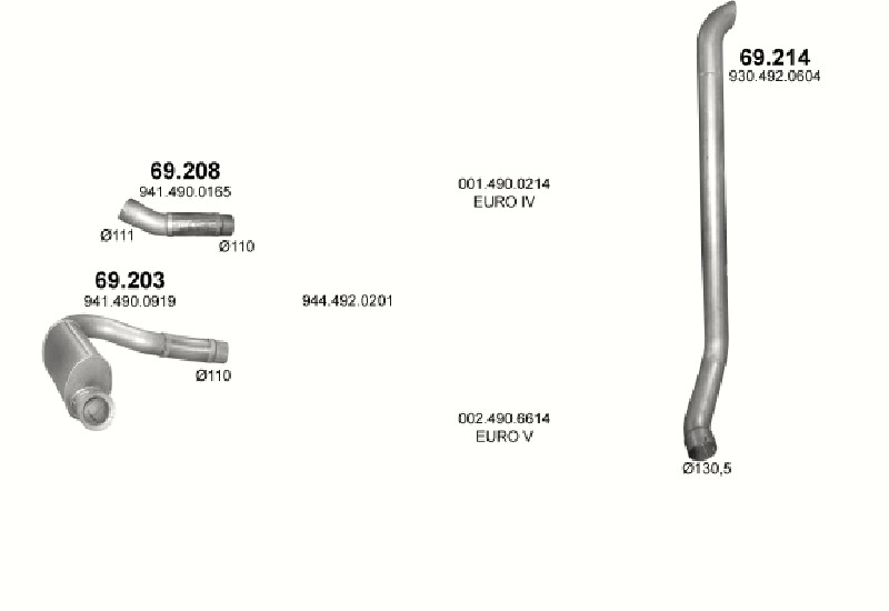 Schéma výfukového systému MERCEDES AXOR 12.0 – 4X2 ; 6X4 ; 6X2/2 ; 6X2/4 ; 8X4 – sestava 1