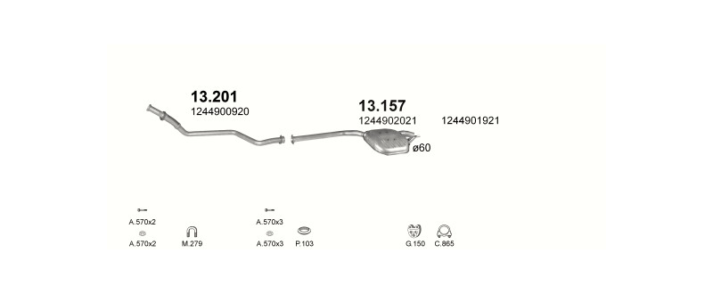 Schéma výfukového systému MERCEDES 250 - T124 2.5 TD – T124 250 – sestava 2