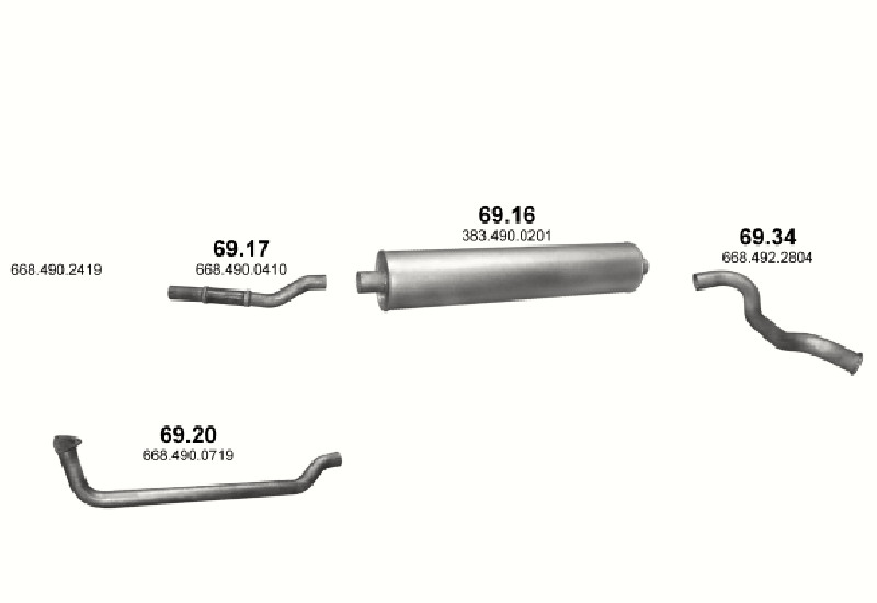 Schéma výfukového systému MERCEDES 6-9 T 709 D – WB 3150 , 3500 , 3700 , 4250