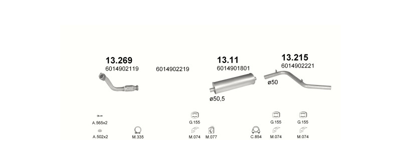 Schéma výfukového systému MERCEDES 307D 2.3 D – SWB, 3050MM