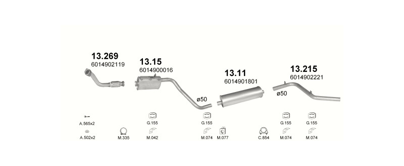 Schéma výfukového systému MERCEDES 307D 2.3 D – LWB, 3350MM