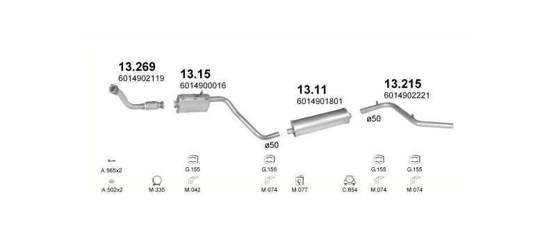 Schéma výfukového systému MERCEDES 307D 2.4 D – Sestava 1