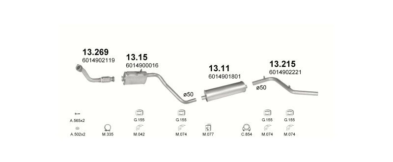 Schéma výfukového systému MERCEDES 307D 2.4 D – 3350MM