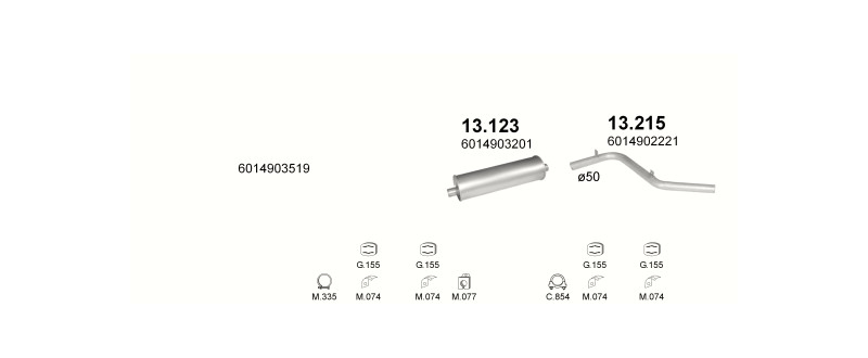 Schéma výfukového systému MERCEDES 310D 2.9 D – 3350MM – sestava 2
