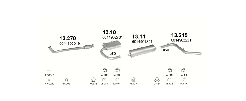 Schéma výfukového systému MERCEDES 308D 2.3 D – 3050MM/3700MM – sestava 1
