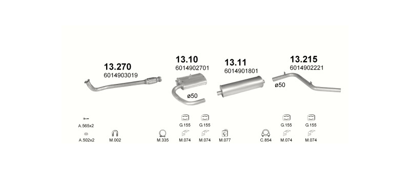 Schéma výfukového systému MERCEDES 308D 2.3 D – 3350MM – sestava 1