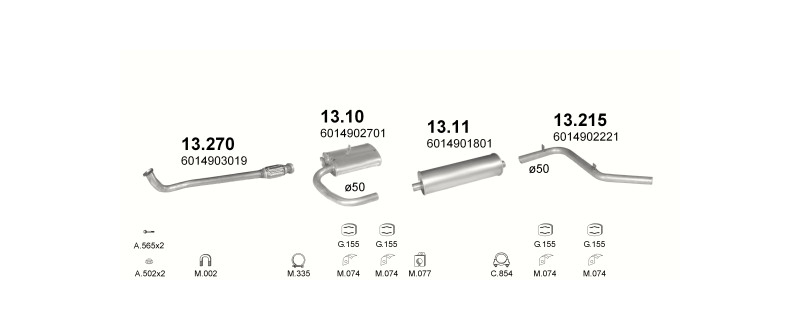 Schéma výfukového systému MERCEDES 310D 2.9 D – 3700MM