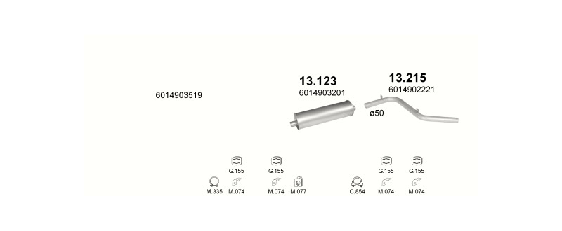 Schéma výfukového systému MERCEDES 410D 2.9 D – 3700MM – sestava 3