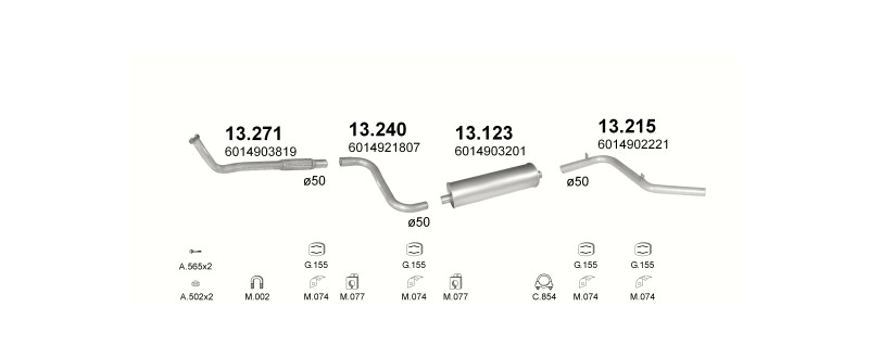 Schéma výfukového systému MERCEDES 410D 2.9 D – 3700MM – sestava 4